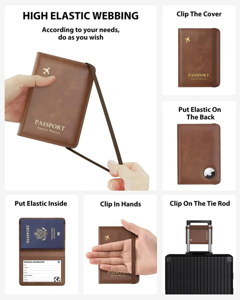 Collage of AirTag Enabled Passport Holder with RFID Protection showing elastic webbing, various uses, brown leather wallet.