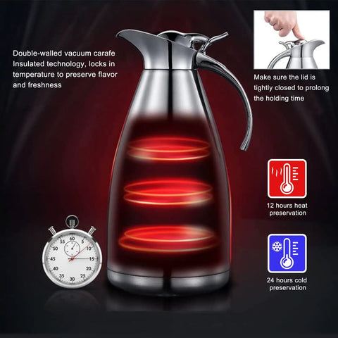 68 Oz Stainless Steel Coffee Carafe With Double Wall Vacuum Insulation Keeps Your Brew Hot Up To 12 Hours Or Cold Up To 24 Hours, 2 Liter Capacity, Blue, with heat visualization and timer shown.