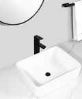 USZWBY Vessel Sinks Bathroom Vessel Sink Hotel Apartment Square Ceramic Wash Basin Home Art Table Bathroom Bowl Sink with black faucet and mirror.