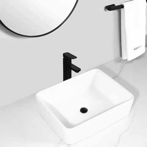 USZWBY Vessel Sinks Bathroom Vessel Sink Hotel Apartment Square Ceramic Wash Basin Home Art Table Bathroom Bowl Sink with black faucet and mirror.