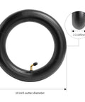 Heavy Duty 10x2 Inner Tubes, 40 Percent Thicker, 2 Pack, Fits 10x1.9 To 2.125 Inch Wheels, shown with dimensions and valve stem.