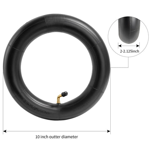 Heavy Duty 10x2 Inner Tubes, 40 Percent Thicker, 2 Pack, Fits 10x1.9 To 2.125 Inch Wheels, shown with dimensions and valve stem.