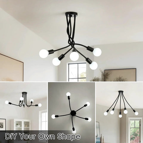 Dope Five Light Modern Industrial Sputnik Ceiling Light With Adjustable Arms Black Metal Semi Flush Mount Chandelier DIY