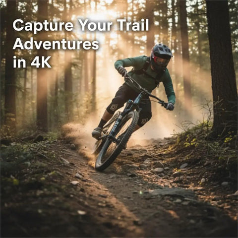 Mountain biker using 4K Bike Camera With GPS Tracking And Integrated Cycling Computer Headlight on forest trail