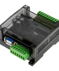 DC 24V FX1N 14MR PLC with relay output board for automation projects, shown in a transparent casing, side view