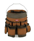 Five Gallon Bucket Canvas Tool Organizer with 56 pockets in brown and green poly ripstop and 600D fabric front view on bucket
