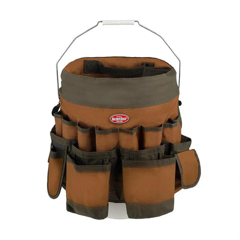 Five Gallon Bucket Canvas Tool Organizer with 56 pockets in brown and green poly ripstop and 600D fabric front view on bucket