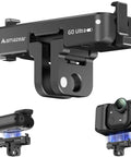 Magnetic Quick Release Adapter Mount for Insta360 GO Ultra, Aluminum Base Bracket With One Quarter Inch Thread for Tripod, Selfie Stick, and Handle Grip, Black shown separately, with examples of mounted camera setups.