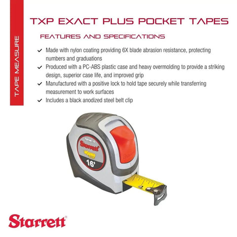 Retractable Imperial Pocket Tape Measure Built Tough With Nylon Coating And Black Anodized Steel Belt Clip 1.06 Inch Wide 16 Foot Length Heavy Duty Durable PC ABS Case product image with specifications
