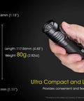 E4K 4400 Lumen EDC Compact High Power Rechargeable Flashlight With USB C Charging held in hand, dimensions and weight shown
