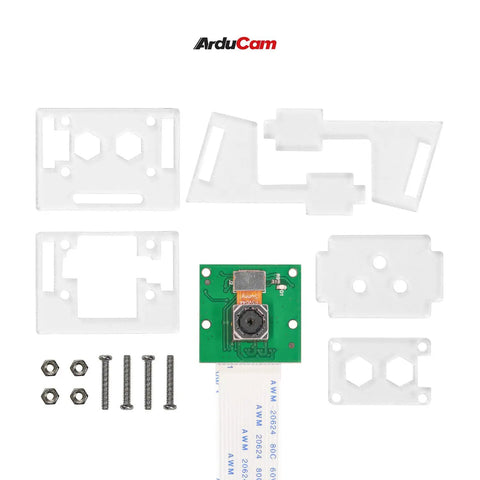 Motorized Focus Pi Camera For Raspberry Pi With Autofocus And Software Manual Focus Remote Control Lens 5MP OV5647 1080P Video Grab And Go Closeups To Distant Shots, disassembled with acrylic case and screws visible.