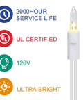 Close-up of Ultra Bright Clear Mini Christmas Tree Lights 21.45Ft 100 Bulbs On White Cord showing UL certification and features.