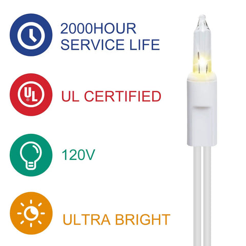 Close-up of Ultra Bright Clear Mini Christmas Tree Lights 21.45Ft 100 Bulbs On White Cord showing UL certification and features.