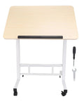 Mobile Adjustable Standing Desk With Scratch Resistant White Maple Surface And Sturdy Metal Base Rock Solid Height Adjustable Mobile Workstation showing top view with wheels and tools.