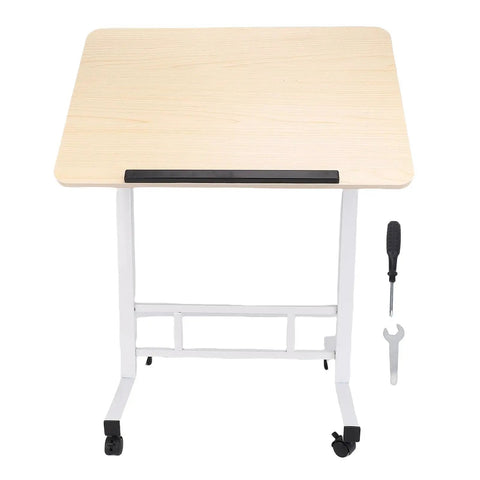 Mobile Adjustable Standing Desk With Scratch Resistant White Maple Surface And Sturdy Metal Base Rock Solid Height Adjustable Mobile Workstation showing top view with wheels and tools.
