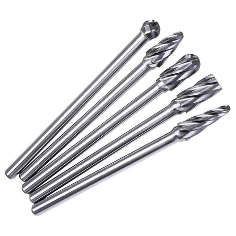 Five Piece One Quarter Inch Aluma Cut Carbide Burr Set With Four Point Four Inch Shank, Pro Grade Single Cut Tungsten Rotary Burrs