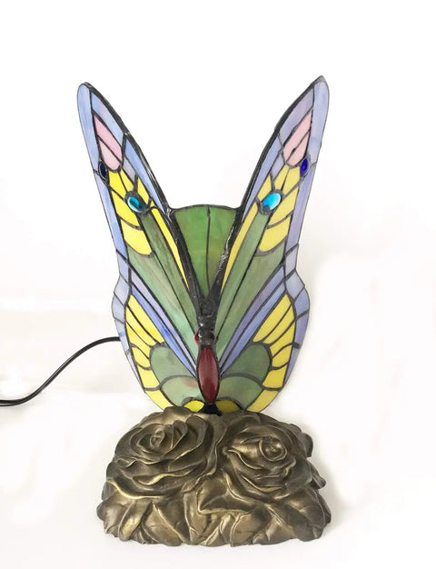 Tiffany Style Butterfly Table Lamp With Stained Glass Multicolor Night Light Blue Glass Accent For Living Room Or Bedroom
