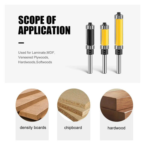 Premium 1/2 Inch Double Bearing Flush Trim Router Bit With 6mm Or 1/4 Inch Shank for various wood applications
