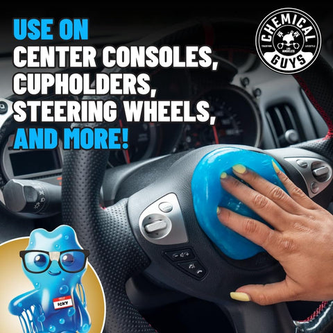 Hand using Sticky Icky Car Cleaning Gel With Green Apple And Strawberry Scent Fast Detailing Kit on steering wheel in car