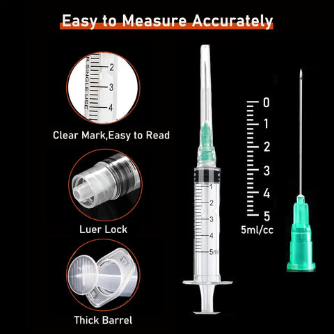 Bulk 50 Pack 5ml Disposable Luer Lock Syringes With 21G 1.5 Inch Needles, Sterile And Individually Wrapped For Lab Use, Secure Screw On Luer Connection For Medical, Research And DIY Projects.