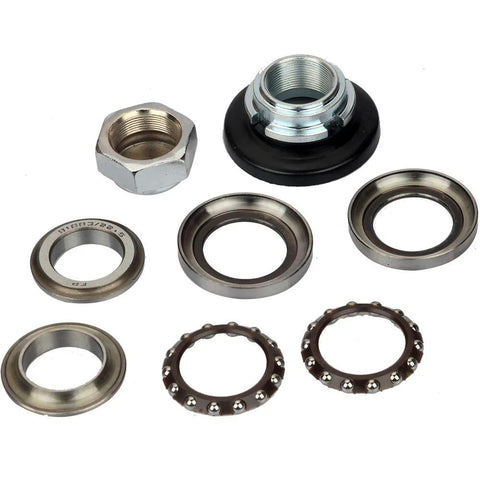 Steering fork bearing set front view: hex nut, seals, races, and two ball bearings for Honda CRF XR50 Z50 CT70 mini bikes.