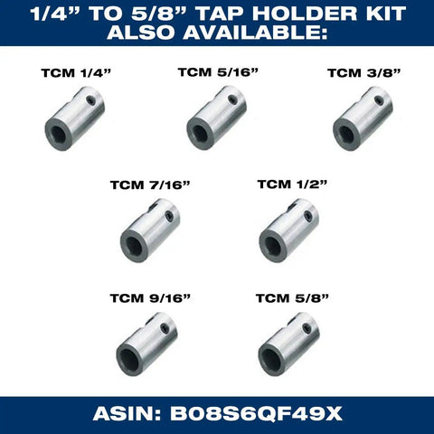 Tap Holder Kit with sizes from 1/4 inch to 5/8 inch, featuring tap holders for different size taps and drill press compatibility.