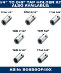 Various tap holders size TCM 1/4 to TCM 5/8, silver metal adapters for quick swap, magnetic drill press compatible.