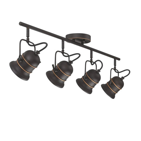 Boswell Vintage-Style Four-Light Indoor Track Light Kit in oil-rubbed bronze with metal shades, suitable for living areas