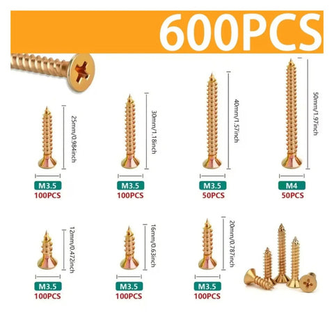 600 Pcs Wood Screws Cross Countersunk Zinc Coated Self Tapping For Wood Drywall And Fiberboard With Phillips Drive Sizes Shown
