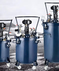 Heavy Duty Workhorse 15.8 Gallon Pressure Paint Pot Featuring Automatic Air Agitator And Corrosion Proof 304 Stainless Steel Liner For Seamless Mixing And Transport, shown with three sizes.