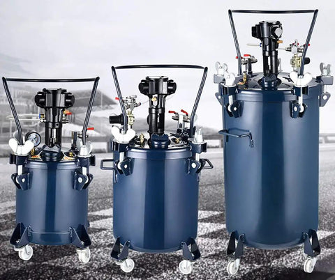 Heavy Duty Workhorse 15.8 Gallon Pressure Paint Pot Featuring Automatic Air Agitator And Corrosion Proof 304 Stainless Steel Liner For Seamless Mixing And Transport, shown with three sizes.