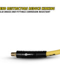 Non-Kink Air Hose 3/8 By 100 Ft With 1/4 In MnpT Brass Fittings 300 Psi Max Rating, close-up of bend restrictor and brass fitting.