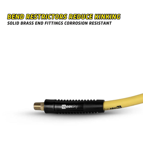 Non-Kink Air Hose 3/8 By 100 Ft With 1/4 In MnpT Brass Fittings 300 Psi Max Rating, close-up of bend restrictor and brass fitting.