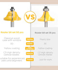 Comparison of Router Bits Set 50 Piece vs 35 Piece, showing shank, coating, and material details for woodworking.