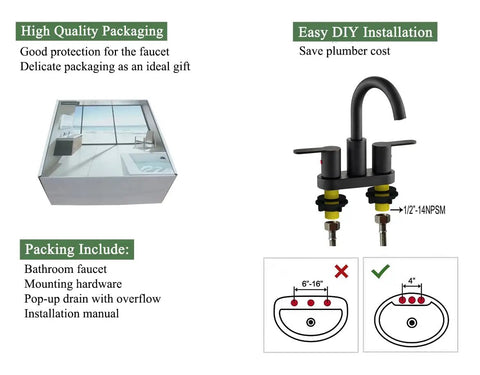 Must Have Matte Black Two Handle Centerset Bathroom Sink Faucet with Pop Up Drain High Arc 4 Inch showing DIY installation diagram