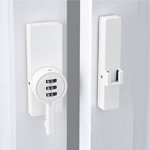 2 Pack White 180 Degree Barn Door Lock With 3 Digit Password Keyless Mechanical Lock Flip Latch installed on door