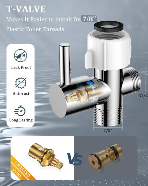 T-valve component for Handheld Bidet Sprayer With Water Filter And Adjustable Pressure Stainless Jet Spray 47 Inch Leak Proof Hose