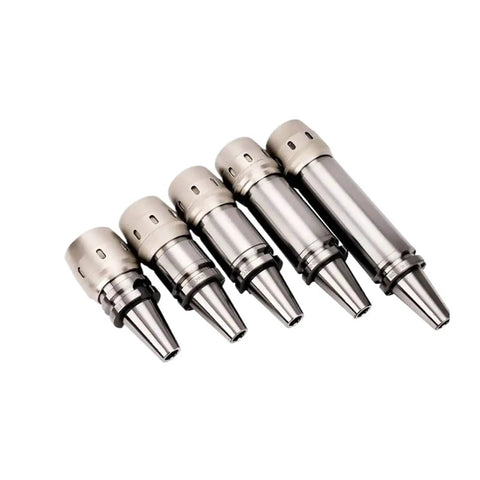 Built Tough BT50 CNC Collet Cartridge Clamp With Stainless Steel Body For Precision Milling And Grinding Featuring Shock Absorbing Design And Solid Grip For Quick Install On Any Workbench, five clamps in varying sizes.