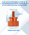 Knurled Thumb Screws For PC Case, 7mm 6-32 Hand Tighten Set, 20 Pack Aluminum Alloy, Orange, shown with dimensions