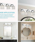 Three Light Crystal Vanity Light Fixture With Chrome Finish in bathroom and hallway settings, showing modern design.