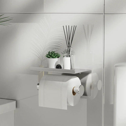 Toilet Paper Holder With Phone Shelf, Self Adhesive Or Screw In Wall Mount, Rustproof Bathroom Tissue Dispenser With Built In Shelf