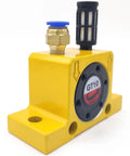 Set Of 2 Pneumatic Air Turbine Vibrators One Eighth Inch Silent Golden Finish Industrial Wheel Type Vibrators For High Speed Eccentric Vibration In Food And Pharmaceutical Applications Durable And Rugged Construction on yellow body, GT10