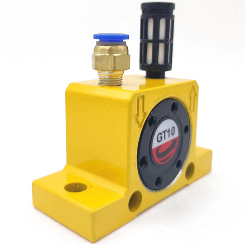 Set Of 2 Pneumatic Air Turbine Vibrators One Eighth Inch Silent Golden Finish Industrial Wheel Type Vibrators For High Speed Eccentric Vibration In Food And Pharmaceutical Applications Durable And Rugged Construction on yellow body, GT10