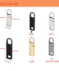 12 Pack Zipper Pull Tabs Replacement Set Upgraded Easy Fix Detachable Zipper Pulls In Black And Silver Two Sizes 36mm And 30mm For Luggage Jackets Backpacks Boots Purses Coats Durable Zinc Alloy shown in various colors and sizes