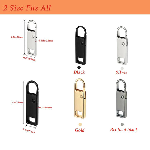 12 Pack Zipper Pull Tabs Replacement Set Upgraded Easy Fix Detachable Zipper Pulls In Black And Silver Two Sizes 36mm And 30mm For Luggage Jackets Backpacks Boots Purses Coats Durable Zinc Alloy shown in various colors and sizes