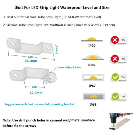 100 Pack LED Strip Light Mounting Brackets And Clips With Holders And 200 Screws For 12mm Wide IP67 IP68 Waterproof LED Tape Lights diagram