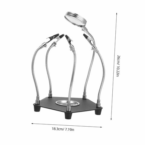 Helping Hands Soldering Tool With LED Magnifying Lamp And Adjustable Arms on black base showing dimensions 18.3cm by 26cm