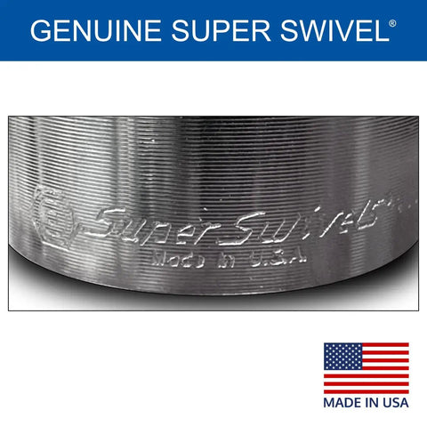 Close-up of Three Quarter Inch Beefy Heavy Duty Hose Reel Swivel With Grease Zerk Fitting showing nickel plated steel engraved with 'Super Swivel'