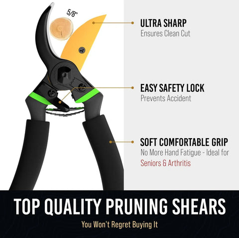 Japanese Steel Pruning Shears That Cut 3x Easier, soft grip and easy safety lock with highlighted features.