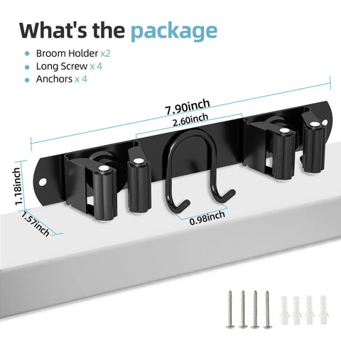 Stainless Steel Broom Holder Wall Mount 2 Pack Heavy Duty Mop Organizer With 2 Slots And 2 Hooks For Home Kitchen Garage Garden And Laundry Room Black Easy Install Durable Storage Solution